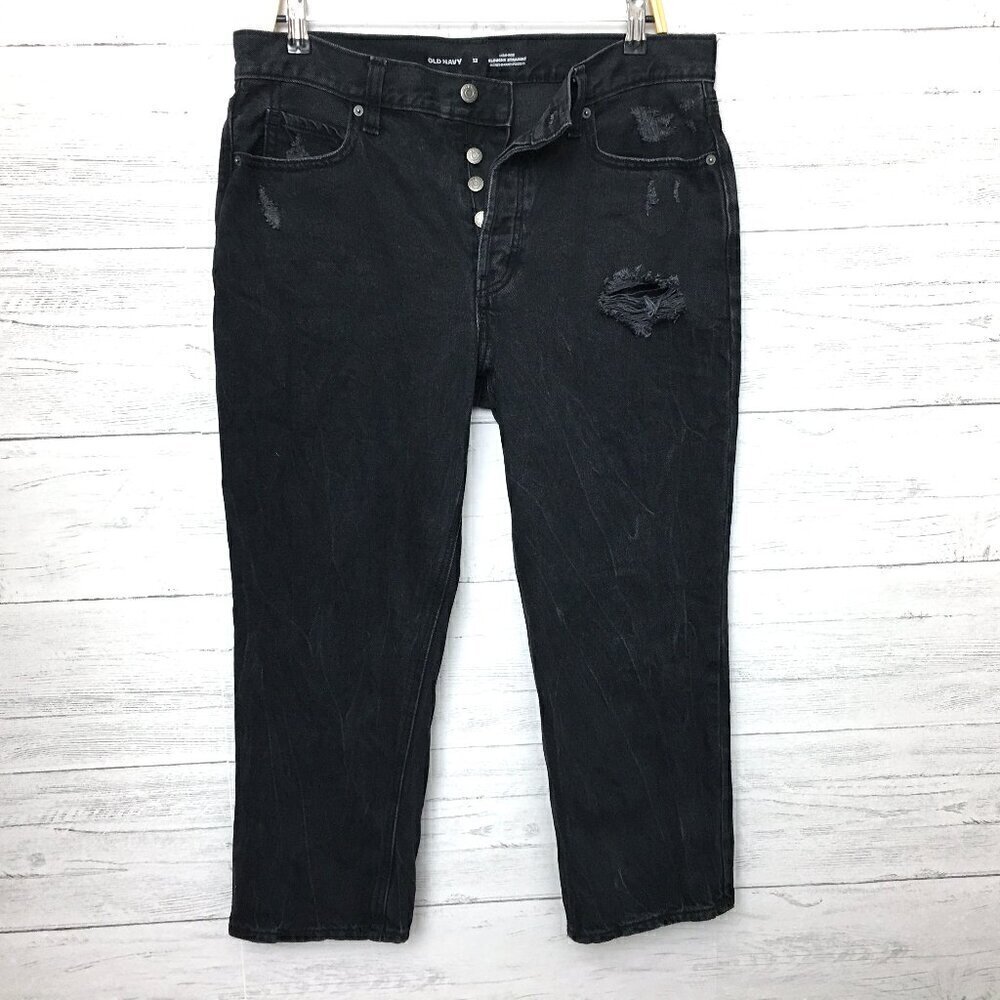 Old Navy Women's Faded Black Jeans Slouchy Straight Leg High Rise Distressed 12